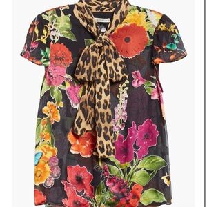 Alice + Olivia Jeannie Pattern Mix Puff Sleeve Bow Blouse Floral & Leopard Print